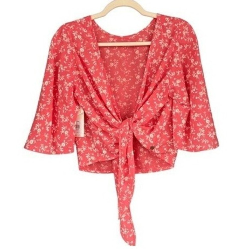 T6 BILLABONG Get It Twisted Floral Kimono Sleeve‎ Tie Front Crop Top NWT